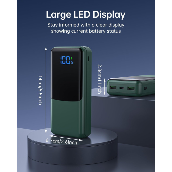 Power Bank Coblob 27000mAh з LED дисплеєм, 3 входами/виходами, USB-C 30W, для смартфонів, планшетів, AirPods та іншого (темно-зелений)