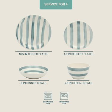 Сервіз Gibson Home Kenwood Shores, 16 предметів, зелений в смужку, ручної роботи, для 4 осіб, кераміка, миюча посуду та для мікрохвильової печі
