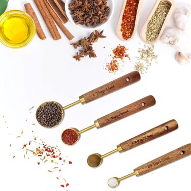 Набір мірних стаканів і ложок 8 шт, нержавіюча сталь золото з дерев'яною ручкою, метричні та американські одиниці, для приготування їжі, випічки та напоїв (60мл - 250мл)