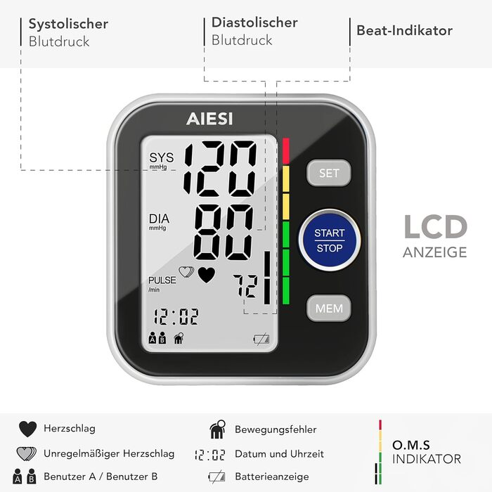 Тонометр на плече AIESI® Oberarm автоматичний цифровий професійний для дорослих A6, 120 пам'ять, мережевий адаптер та USB, гарантія 24 місяці