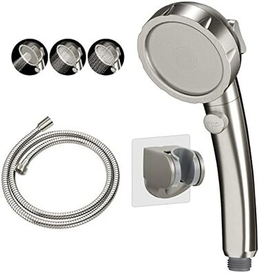 KAIYING Drill-Free High-Pressure Handheld Showerhead with ON/OFF Pause Switch, 3 Spray Modes, Water-Saving Showerhead, Detachable Puppy Shower Accessory (M: Showerhead + Holder + Hose) (Brushed Nickel)