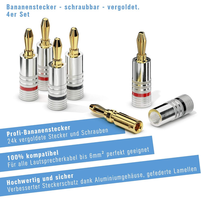 Набір бананових конекторів Sonero® (4 шт.), для акустичних кабелів до 6 мм², позолота 24K, кольорове кодування (12x червоний, 12x чорний)