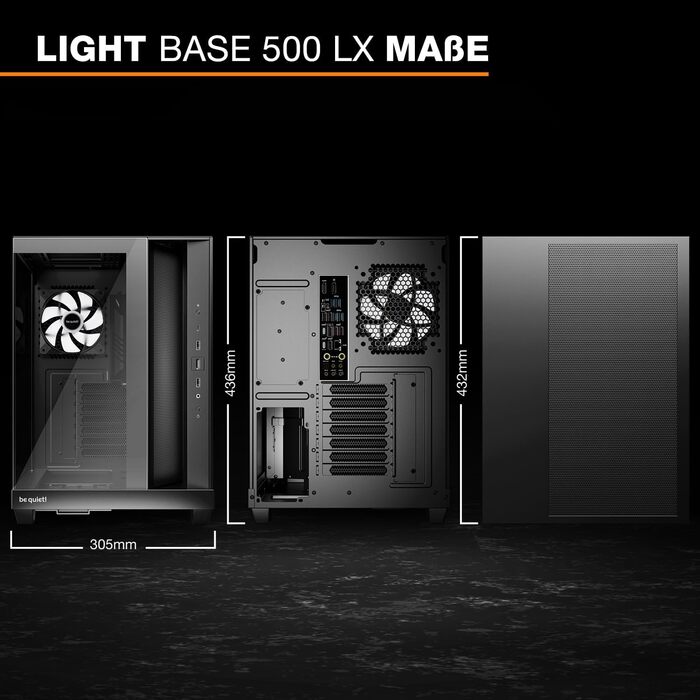 be quiet! Light Base 500 LX: Чорний корпус ПК з повністю прозорою передньою та бічною панелями, Show Case, Dual Chamber Design, 4 вентилятори Pure Wings 3 PWM, без RGB, задній порт-дизайн