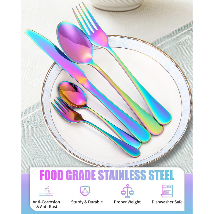12-Person Flatware Set, 60-Piece Fantasy Color Flatware, High-Gloss Polished and Dishwasher Safe, Elegant Fantasy Color Matte Flatware, with Knife, Fork, and Spoon, for Home, Party, Restaurant
