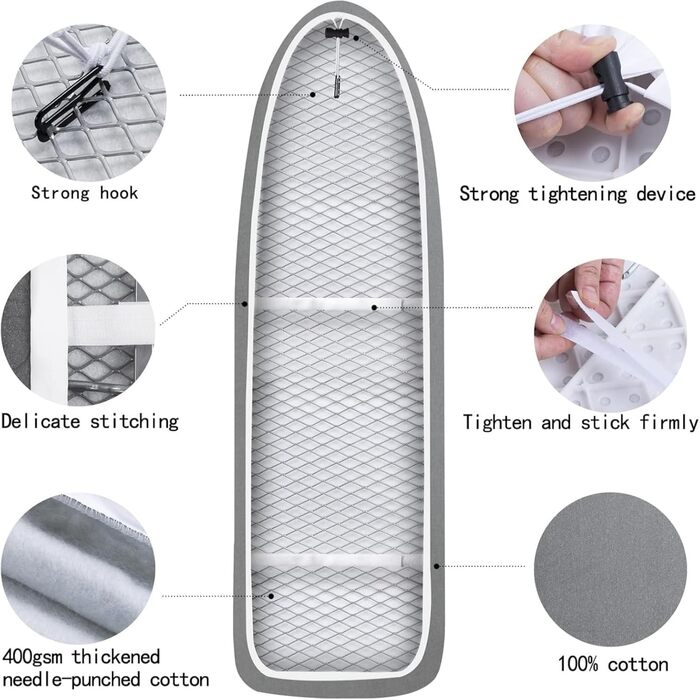 Чохол для прасувальної дошки Yizunnu 140 x 50 см, товсте ущільнення, шнурок для фіксації, регульована застібка, простий монтаж, стійкий до подряпин (сріблясто-сірий лак)