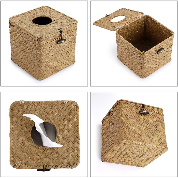BSTKEY Household Cube, Seagrass Face Towel Box, Decorative Woven Paper Holder, Original Color, Yellow, 35.6 x 35.6 x 33 cm