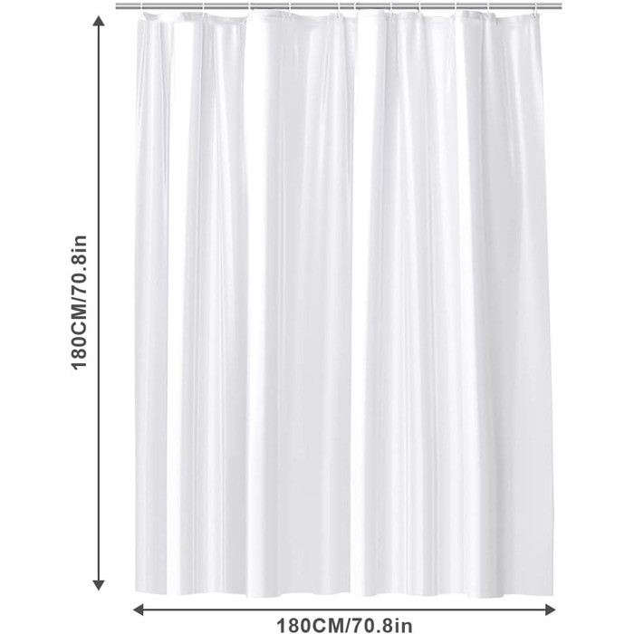 Шторка для душу URAQT, водонепроникна, антигрибкова, швидковисихаюча, PEVA, 180x180 см, 12 кілець, для ванни (Біла)