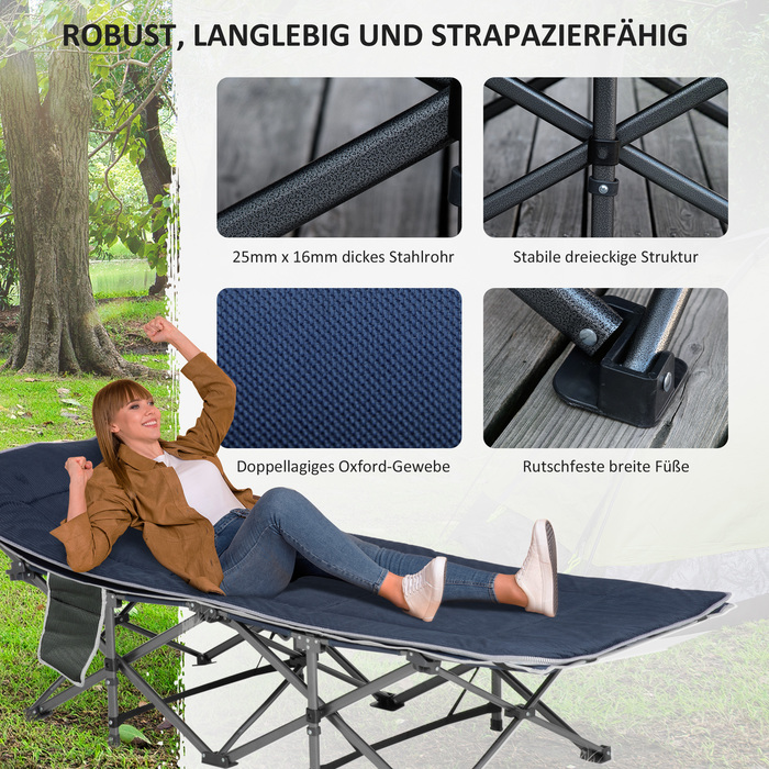 Outsunny Folding Camping Bed, Folding Field Bed, with Pillow, Side Pocket, Mattress, Guest Bed, Supports up to 150 kg, Travel, Outdoor, Oxford, Dark Blue, 188 x 64.5 x 53 cm | Aosom