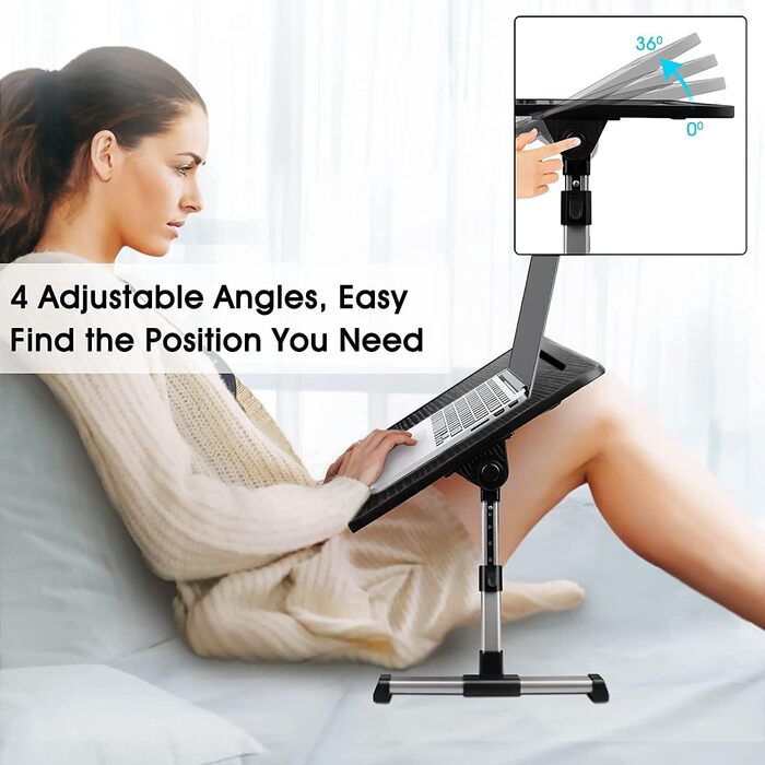 Стіл для ноутбука в ліжко, регульований, з ящиком, підставка для планшета, 60x34 см, чорний