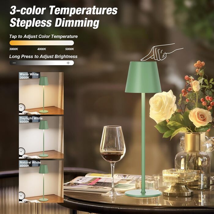 Набір з 2 бездротових настільних ламп LED з акумулятором, сенсорне регулювання яскравості, 3 режими кольору, USB-C зарядка для спальні, столу, кемпінгу (Чорний)