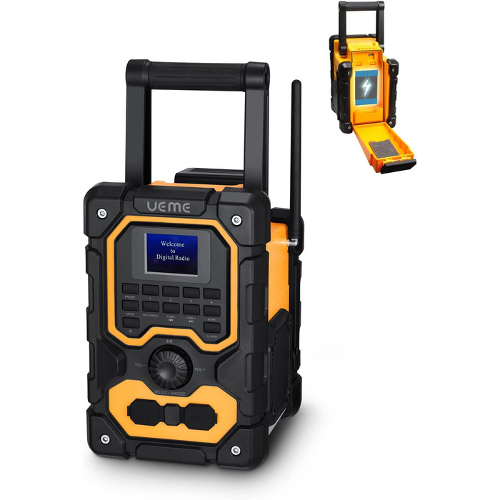 Радіо для будівельного майданчика DAB+ FM з Bluetooth 5.0, 16W стерео, акумулятор 8000mAh (18h), USB зарядка, Aux, вологозахист, пилозахист (жовто-чорне)