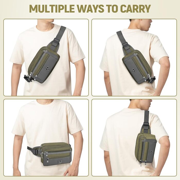 Поясна сумка на пояс для чоловіків та жінок з 7 кишенями на блискавці. Ідеальна для спорту, фітнесу, бігу, велоспорту, подорожей та кемпінгу. Зелений колір.