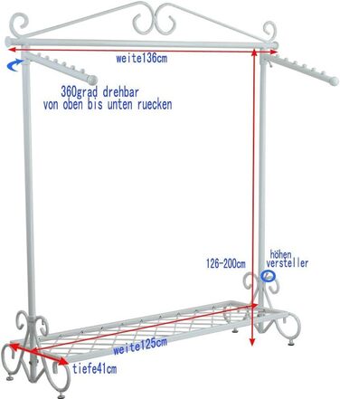 Clothes Rack Clothes Rail Coat Rack with Shoe Shelf, Width 136cm, Vintage Style Metal, Height Adjustable from 126 to 200 cm (White)