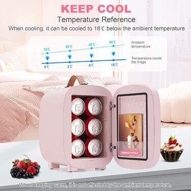 Mini-холодильник Enventor 4L (6 банок) з LED-дзеркалом, охолодження/нагрівання, рожевий