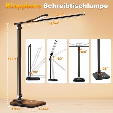 Світлодіодна настільна лампа CHARYJOD з регулюванням яскравості та кольорової температури, USB-порт для зарядки, чорний колір