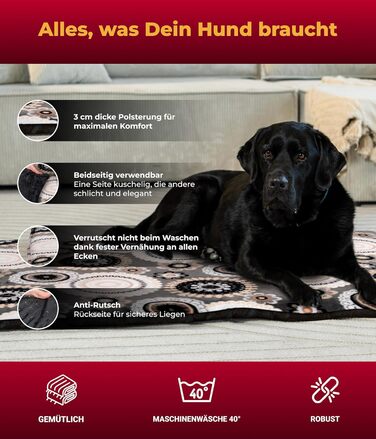 Лежанка для собак XS (45x65 см) – ковзаюча поверхня та комфорт завдяки 3 см наповнювачу – ідеально підходить для дивану, авто та переноски – Made in DE (75 x 115 см, Мандала Антрацит)