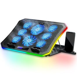 Ігровий охолоджувач для ноутбука MOOJAY RGB, підставка з 8 тихими вентиляторами, регулювання висоти, тримач для смартфона, для ноутбуків 15.6-17.3 дюймів, синя LED-підсвітка