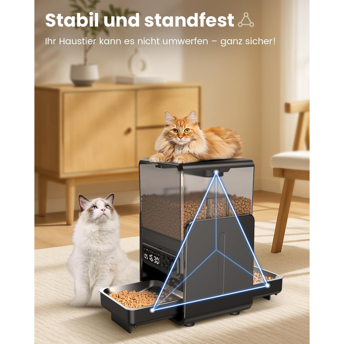 Автомат годівлі для котів з керуванням через додаток, для 2 котів, регульована висота, 2 миски, 5 л, з функцією запису голосу та таймером