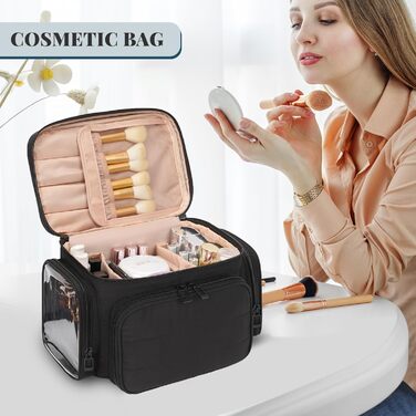 Косметичка для подорожей, велика, чорна: органайзер для макіяжу з відділенням для пензлів, дамська косметичка
