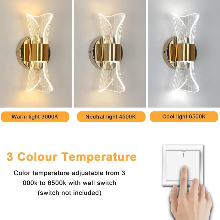 DELIPOP Настінне світильник Wandleuchte, 12W LED, 3 кольори світла (теплий/холодний/нейтральний), золотий, для спальні, вітальні, коридору, сходових маршів