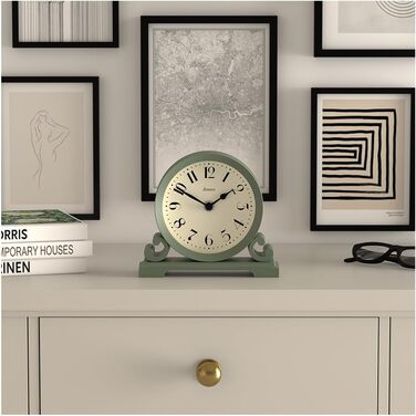 JONES CLOCKS® Saloon Table Clock | Traditional Double Scroll Design | Green | Contemporary classic style for desk, table, shelf, or bedside table