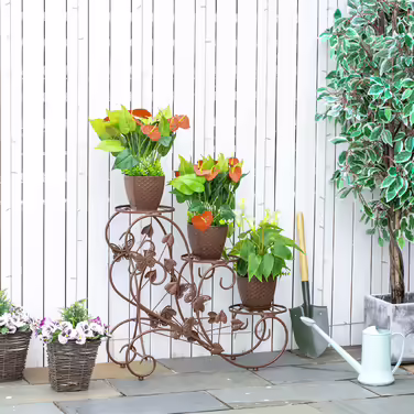 Outsunny 3-Tier Flower Stand, French Style Metal Plant Shelf in Bronze, 76x27x67cm for Garden Balcony