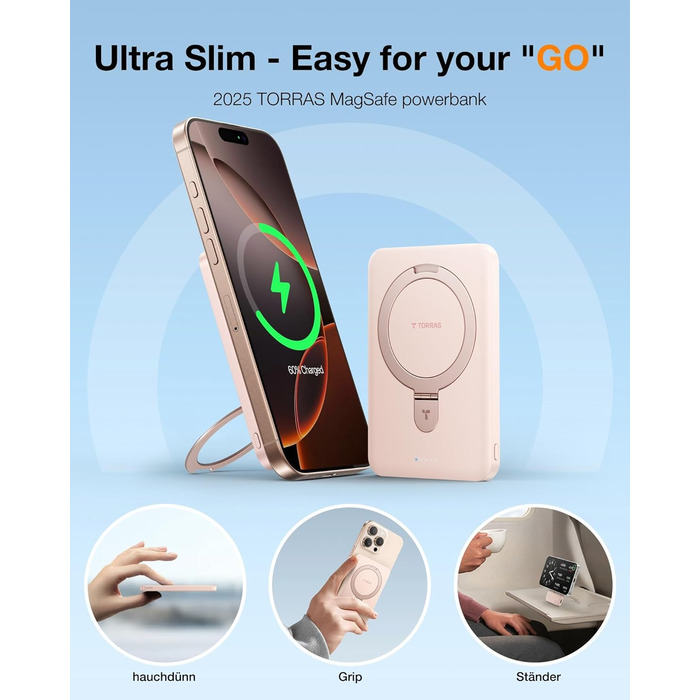 Портативний зарядний пристрій TORRAS 5000mAh з магнітним кріпленням MagSafe, 22.5W PD, Rose Gold