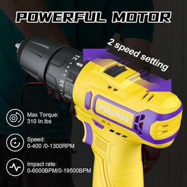 Акумуляторний ударний дриль-шуруповерт PULITUO 12V, комплект, металевий патрон 3/8', 21+1+1 ступінь крутного моменту, LED-ліхтар, 35 Нм, акумулятор 1300 mAh