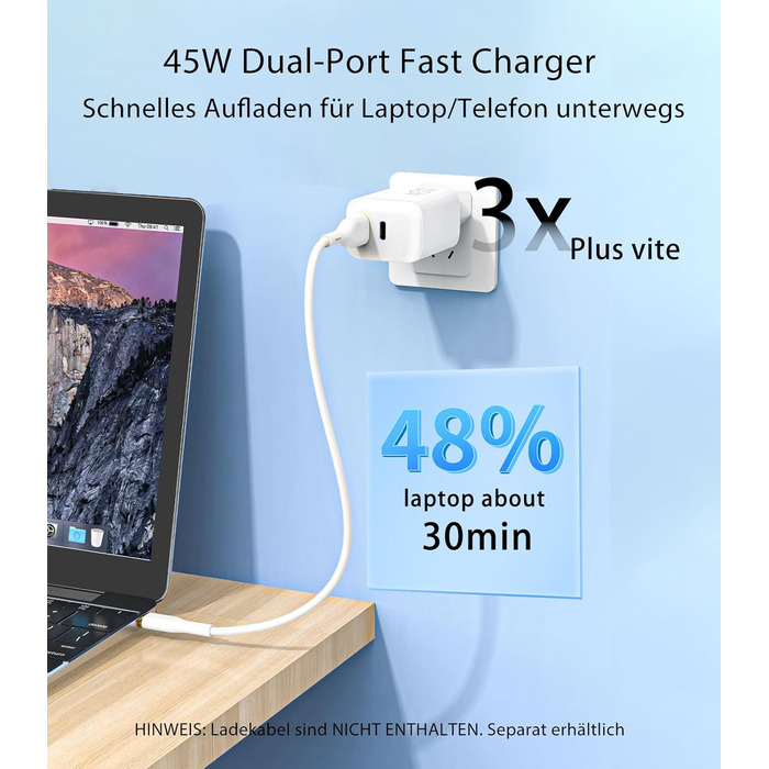Мережевий зарядний пристрій USB-C 45W з 2 портами, PD 3.0, швидка зарядка для Samsung Galaxy S24/S23/S22, iPhone 16/15/14 Pro Max, iPad, Pixel, мобільні телефони