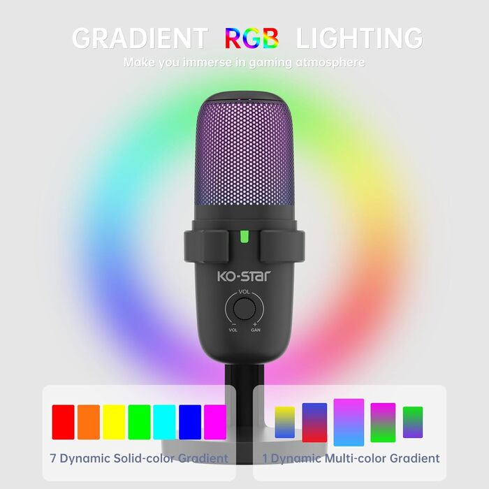 KO-Star USB мікрофон з RGB підсвіткою для ПК та смартфона – конденсаторний мікрофон зі штильником, регулятором підсилення, поп-фільтром та антивібраційним кріпленням для стрімінгу, подкастів та запису