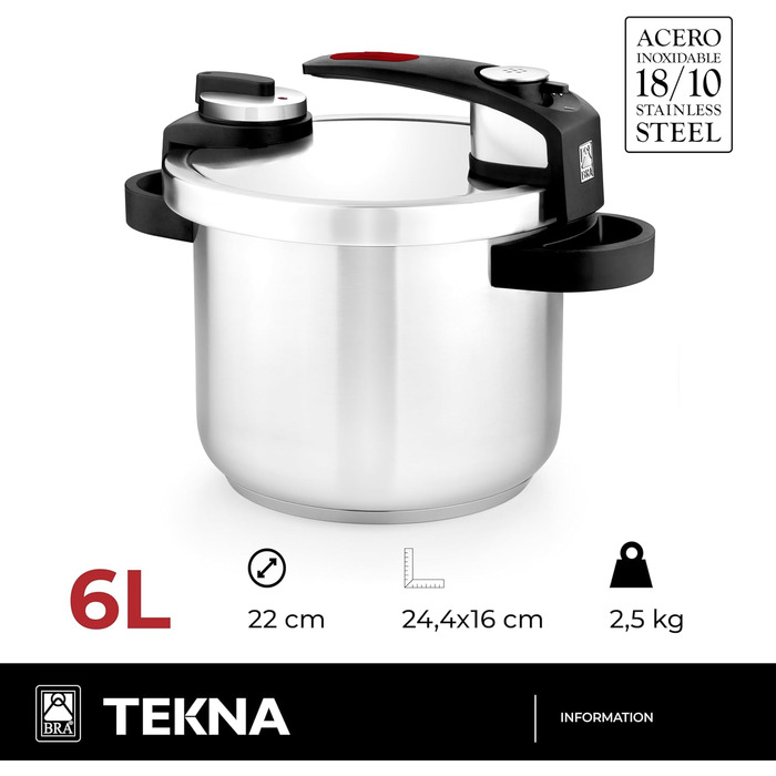Скороварка BRA Tekna 6 л з легкою відкривною системою, нержавіюча сталь 18/10, 2 програми, підходить для всіх плит