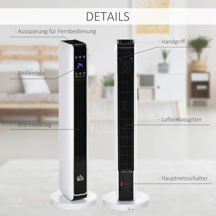 Електричний обігрівач HOMCOM 2200W – керамічний нагрівальний тумба з пультом, таймером та осциляцією, білий+чорний, 21 x 21 x 73 см