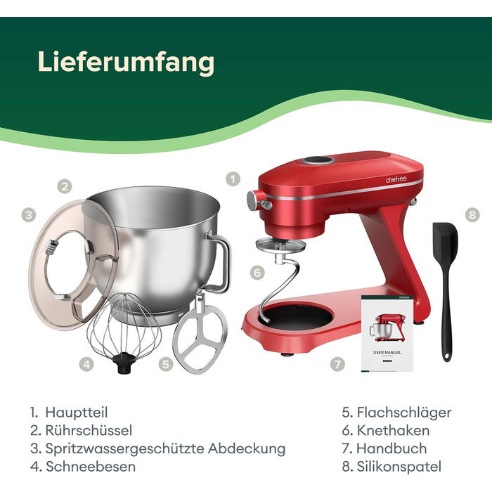 Планетарний міксер Chefree Profi 7л, 1800Вт, LED, 3 насадки, червоний