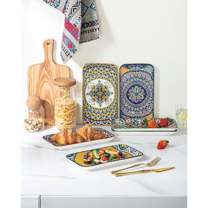 Сервіровочні тарілки HENXFEN з порцеляни, 10 дюймів, набір прямокутних тарілок для салату, закусок, сашимі, богемний квітковий дизайн у 6 яскравих кольорах