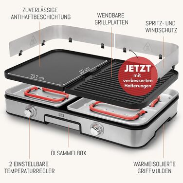 LEBENLANG Електричний гриль для столу - з щипцями та захистом від бризок | 2400W | Для дому та вулиці | Гриль для балкону, столу | Електричний гриль з площею | Гриль для дому