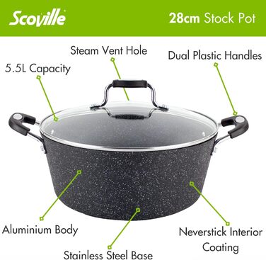 Суповий каструля Scoville Neverstick 28 см з кришкою, антипригарна, алюмінієва, 5,5 л, для всіх плит, індукція, PFOA Free, посудомийна машина
