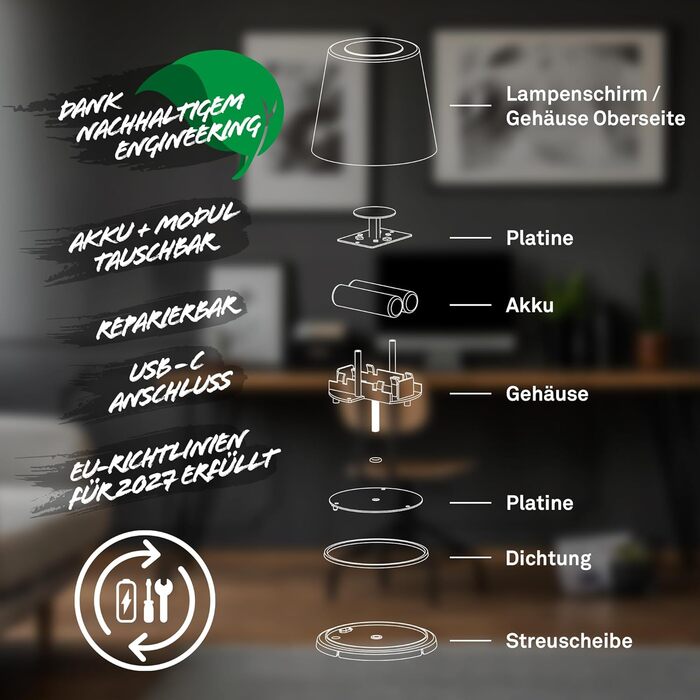 LED лампа BRILONER настільна бездротова з торшером, поворотна, з акумулятором, замінна світлодіодна лампа, нічна лампа, лампа для читання, офісна лампа, чорна, 38,5 см
