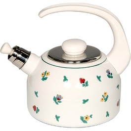 Riess, 0543-049, Kettle Plus, COUNTRY - GMUNDNER STREUBLUMEN, Diameter 18 cm, Height 21.7 cm, Capacity 2 Liters, Enamel, white with scattered flowers, Induction 2 liters scattered flowers