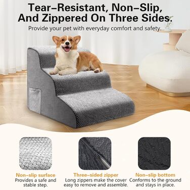 Сходинка для собак та котів 3 ступені, 40 см, протиковзка, для літніх тварин, з щільного піноматеріалу, знімна та миється, портативна рамка для собак, котів, софи, ліжка, авто