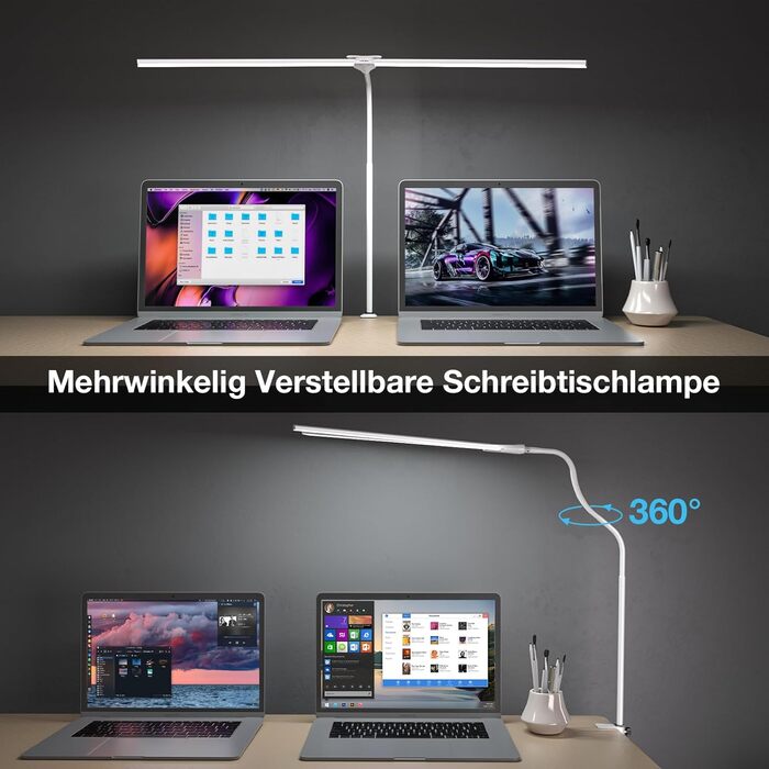 LED лампа настільна для офісу та дому, світло для монітора, 1400 люмен, регульована яскравість, кріплення-прищіпка, світло для робочого столу, гнусий «лебединий шия», подвійний насадка, 5 режимів кольору та рівнів яскравості, білий колір, 80 см