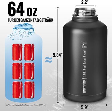 OneTigris Stainless Steel Water Bottle, 1.9L High Capacity, Insulated Sports Bottle for Cycling, Camping, Yoga, Gym, Softair, OD Green, 64oz (Black)