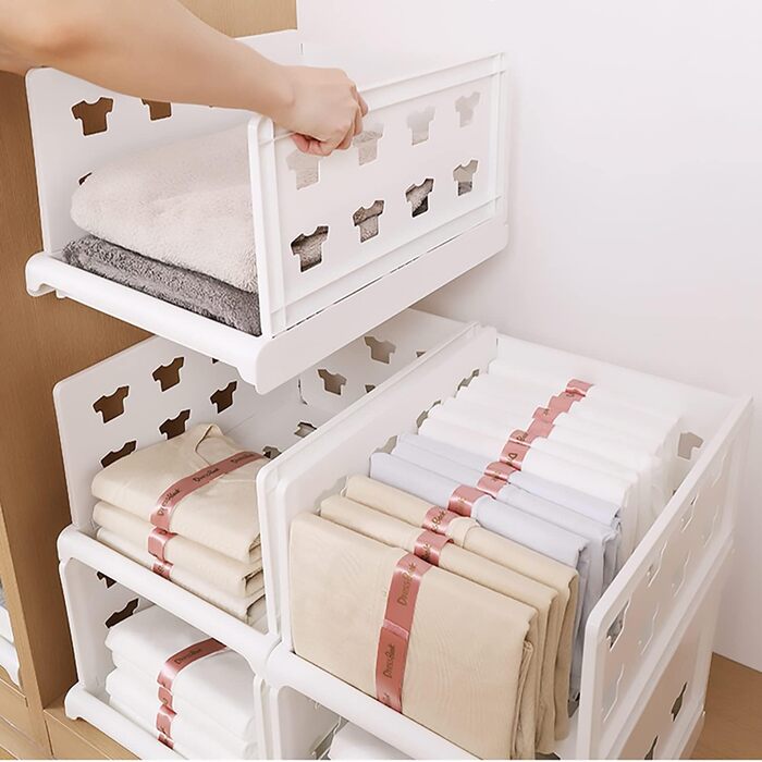 Hossejoy Extra Large Set of 4 Stackable Closet Storage Organizers, Foldable Closet Storage Box Organizers, Plastic Closet Organizer, Shelves, Basket, Bedroom, Office