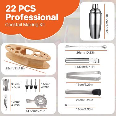 FUNYKICH Cocktail Shaker Set with Stand, 22pcs Stainless Steel Cocktail Shaker Set: 750ml Cocktail Shaker, Measuring Cups, Muddler, Spoon, Strainer, Jigger, Ice Tongs, Bottle Opener, Bar Measure; Bar Accessories Gift