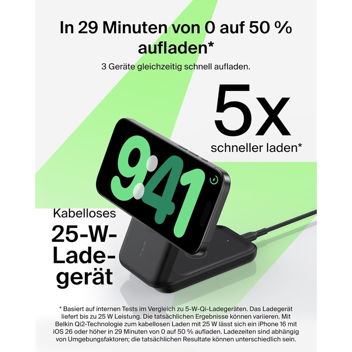 Зарядний станція Belkin UltraCharge 3 в 1 з Qi2.2, 25W, сумісна з MagSafe, для iPhone, AirPods, Apple Watch, Pixel, з адаптером 45W - Чорний