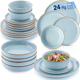 Набір посуду SÄNGER Rio Lagune 24 частини: 6 тарілок, 6 сніданок, 6 глибоких тарілок, 6 мисок для пасти, посуд для 6 осіб, блакитний, Steingut (фарфор)