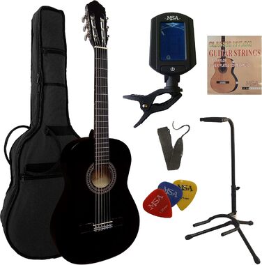 Концертна гітара в комплекті: класична чорна гітара з дерев'яною верхньою декою (липа), сумка, ремінь, струни, 3 медіатори, тюнер, підставка для гітари - стартовий набір