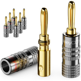 Набір бананових конекторів DeleyCON (8 шт.) – позолочені, гвинтові, для акустичних/динамічних кабелів, 0.75-4.5 мм, Hi-Fi аудіо, домашній кінотеатр, сірий