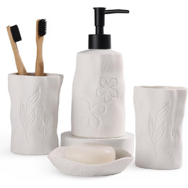 4-Piece Bathroom Accessories Set, Ceramic Bathroom Accessories Set with Soap Dispenser, Soap Dish, Toothbrush Holder, Elegant Matte Bathroom Set with Embossed Details, White