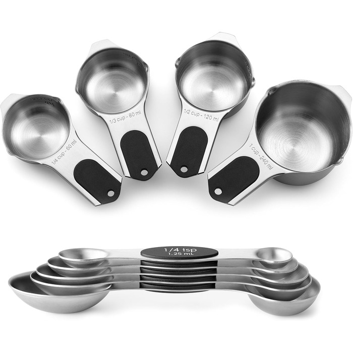Магнітний набір мірних ложок і стаканчиків Spring Chef, 9 шт, з нержавіючої сталі, сильні магніти N45, для випічки і кухні, BPA-вільний, чорний