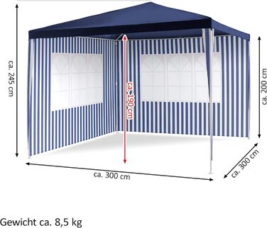 PE Pavilion Party Tent with 2 Side Panels for Garden, Terrace, Market, Camping, Festival as Shelter and Tarp, Waterproof 3 x 3 m blue